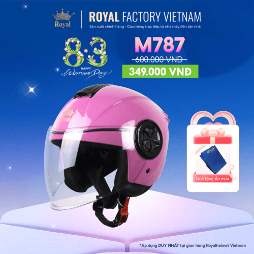 Mũ Bảo Hiểm Royal 3/4 Đầu Có Kính M787 Màu Hồng Phấn Kèm Quà Tặng Áo Mưa | Trực tiếp từ NSX